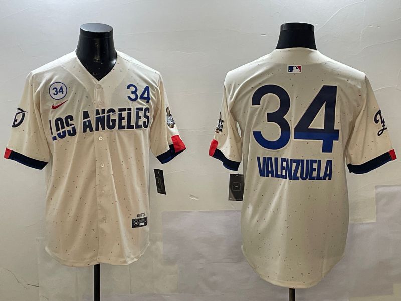 Men Los Angeles Dodgers 34 Valenzuela Cream Fashion city 2025 Nike MLB Jersey style 1